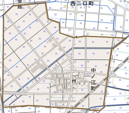 中ノ江町とその周辺の地図。町の範囲を重ねている