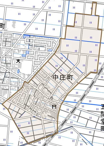 中庄町とその周辺の地図。町の範囲を重ねている