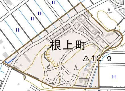 根上町とその周辺の地図。町の範囲を重ねている