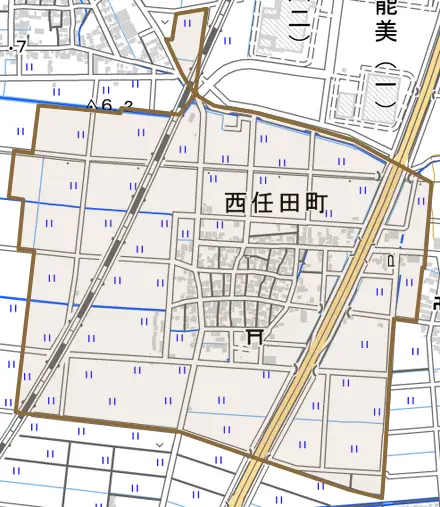 西任田町とその周辺の地図。町の範囲を重ねている