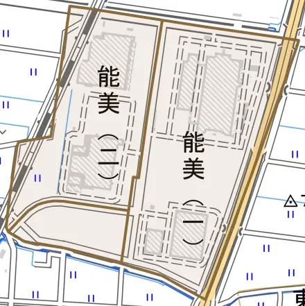 能美とその周辺の地図。町の範囲を重ねている