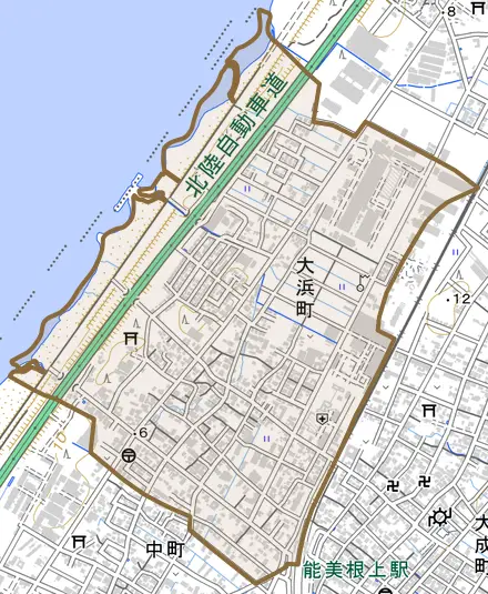 大浜町とその周辺の地図。町の範囲を重ねている