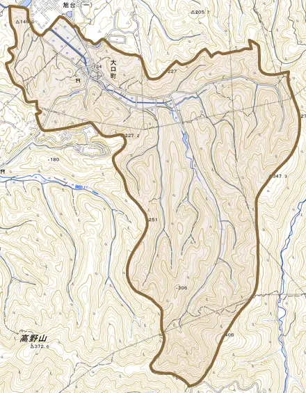 大口町とその周辺の地図。町の範囲を重ねている