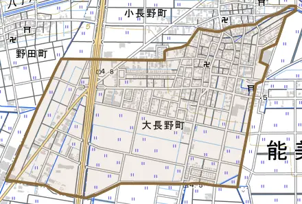 大長野町とその周辺の地図。町の範囲を重ねている