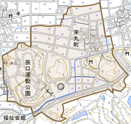 来丸町とその周辺の地図。町の範囲を重ねている