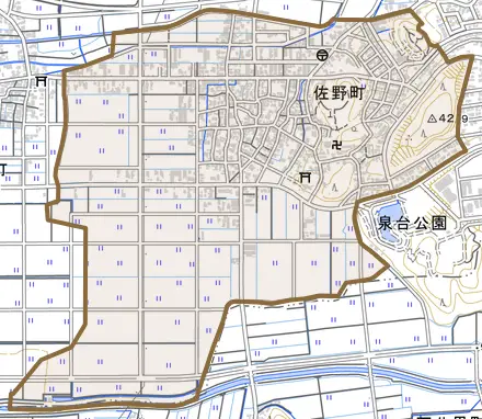 佐野町とその周辺の地図。町の範囲を重ねている