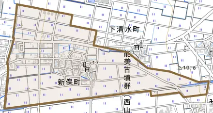 新保町とその周辺の地図。町の範囲を重ねている