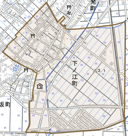 下ノ江町とその周辺の地図。町の範囲を重ねている