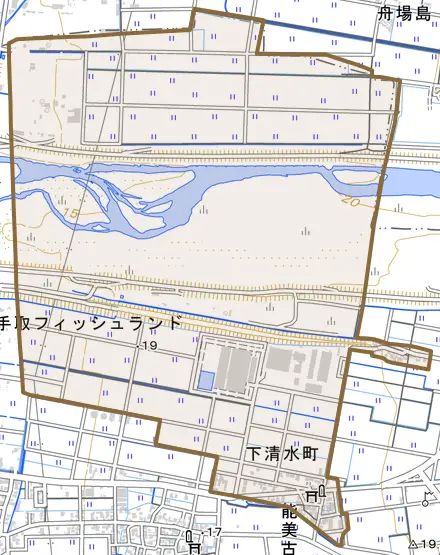下清水町とその周辺の地図。町の範囲を重ねている
