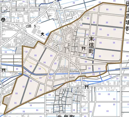 末信町とその周辺の地図。町の範囲を重ねている