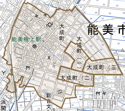 大成町とその周辺の地図。町の範囲を重ねている