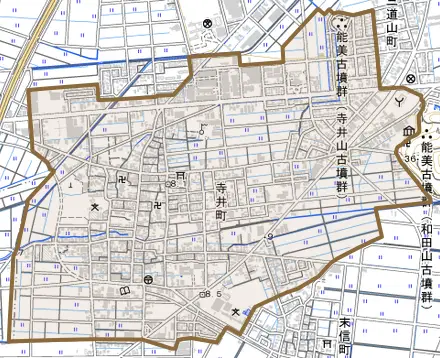 寺井町とその周辺の地図。町の範囲を重ねている