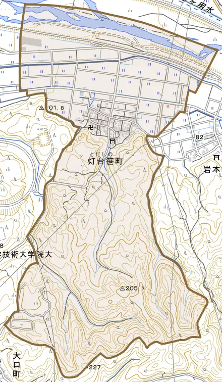 灯台笹町とその周辺の地図。町の範囲を重ねている