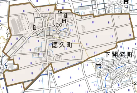 徳久町とその周辺の地図。町の範囲を重ねている