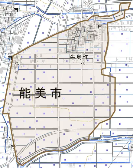 牛島町とその周辺の地図。町の範囲を重ねている