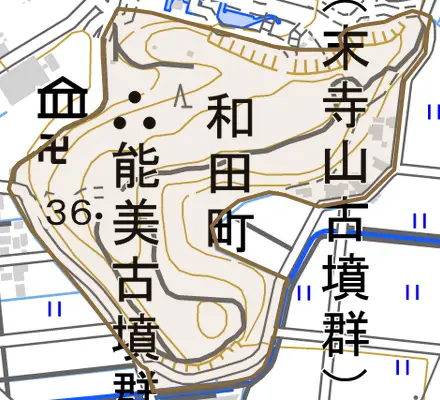 和田町とその周辺の地図。町の範囲を重ねている