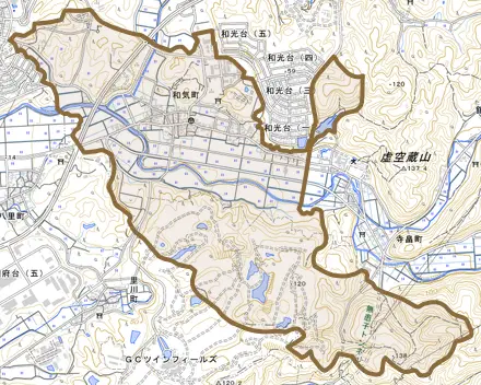 和気町とその周辺の地図。町の範囲を重ねている