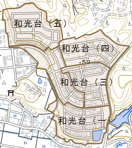 和光台とその周辺の地図。町の範囲を重ねている