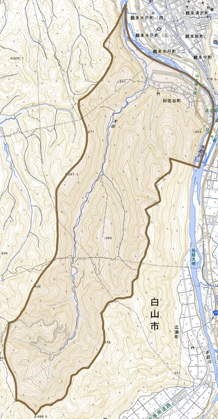 和佐谷町とその周辺の地図。町の範囲を重ねている