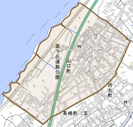 山口町とその周辺の地図。町の範囲を重ねている