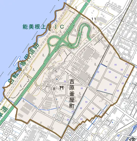 吉原釜屋町とその周辺の地図。町の範囲を重ねている