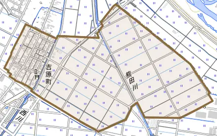 吉原町とその周辺の地図。町の範囲を重ねている