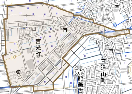 吉光町とその周辺の地図。町の範囲を重ねている