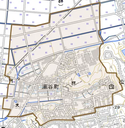 湯谷町とその周辺の地図。町の範囲を重ねている