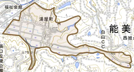 湯屋町とその周辺の地図。町の範囲を重ねている
