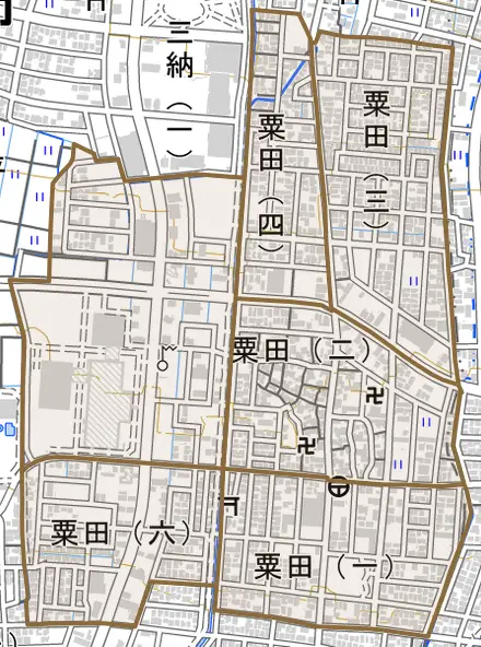 粟田とその周辺の地図。町の範囲を重ねている