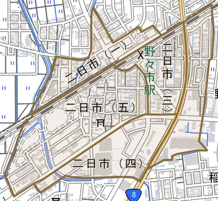 二日市とその周辺の地図。町の範囲を重ねている