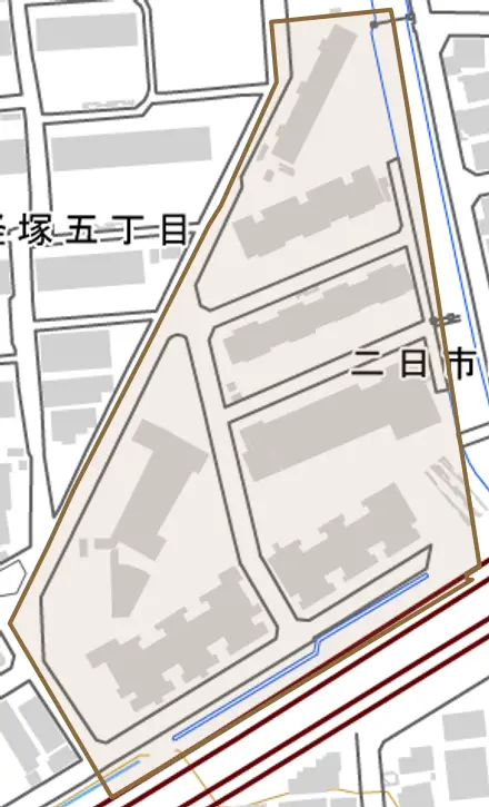 二日市町とその周辺の地図。町の範囲を重ねている