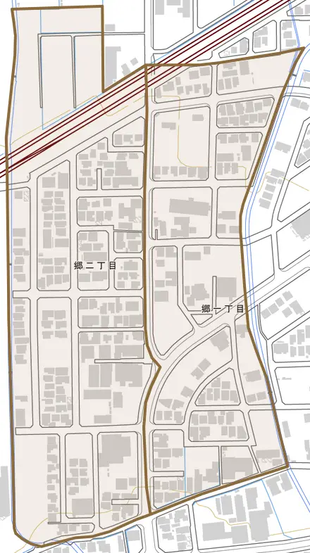 郷とその周辺の地図。町の範囲を重ねている