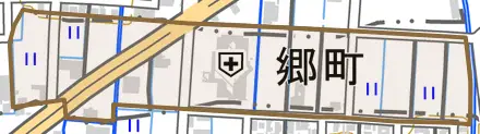 郷町とその周辺の地図。町の範囲を重ねている