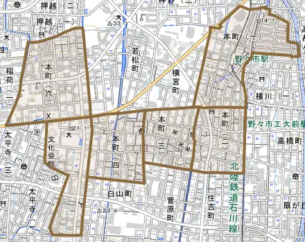 本町とその周辺の地図。町の範囲を重ねている