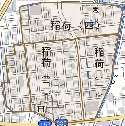 稲荷とその周辺の地図。町の範囲を重ねている