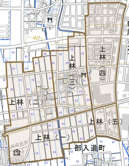 上林とその周辺の地図。町の範囲を重ねている