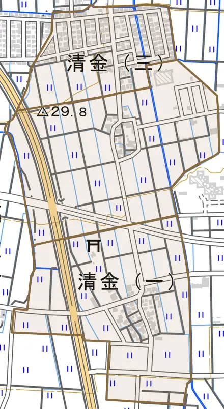 清金とその周辺の地図。町の範囲を重ねている