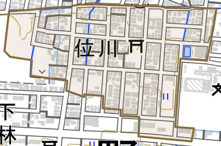 位川とその周辺の地図。町の範囲を重ねている