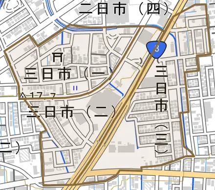 三日市とその周辺の地図。町の範囲を重ねている
