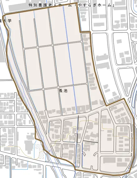 長池とその周辺の地図。町の範囲を重ねている