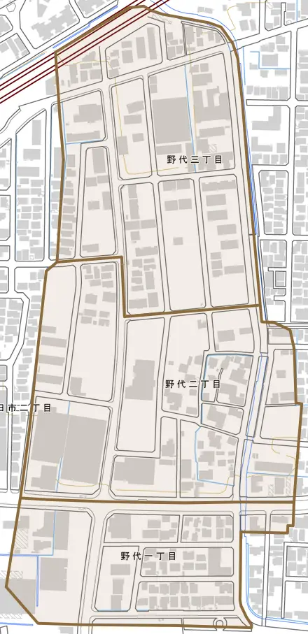 野代とその周辺の地図。町の範囲を重ねている