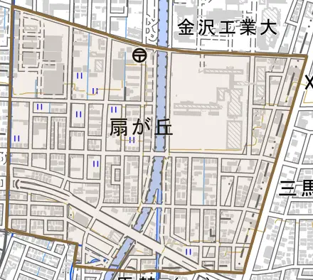 扇が丘とその周辺の地図。町の範囲を重ねている