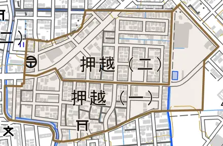 押越とその周辺の地図。町の範囲を重ねている