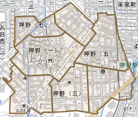 押野とその周辺の地図。町の範囲を重ねている