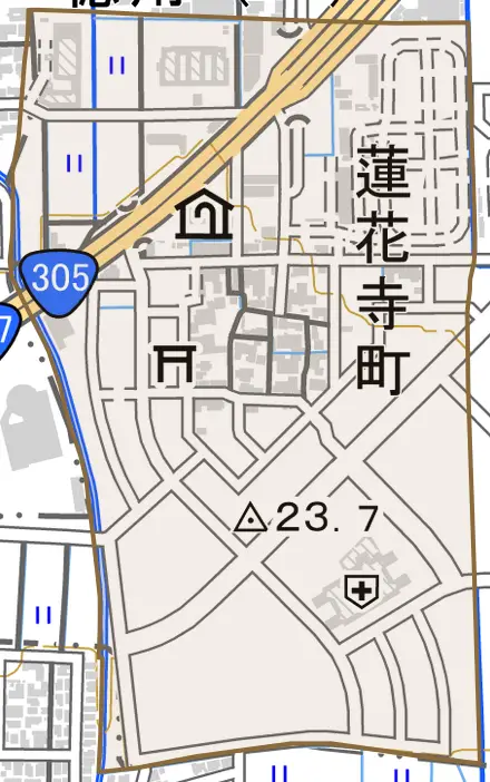 蓮花寺町とその周辺の地図。町の範囲を重ねている
