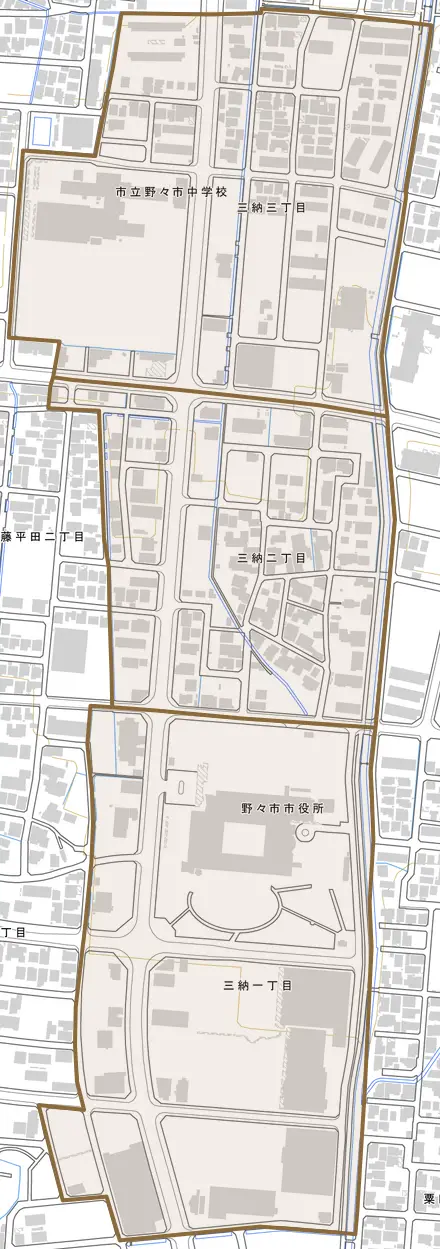 三納とその周辺の地図。町の範囲を重ねている