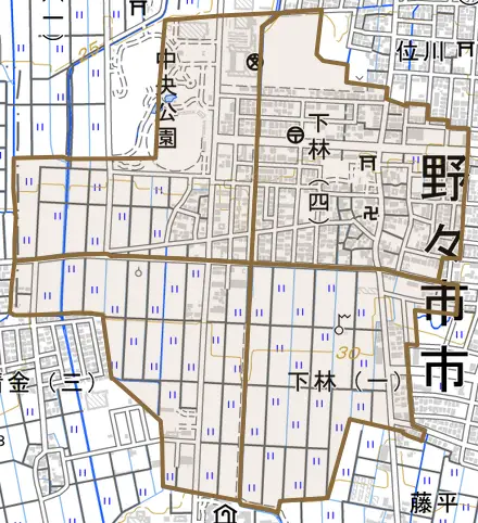 下林とその周辺の地図。町の範囲を重ねている