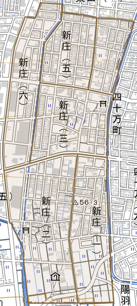 新庄とその周辺の地図。町の範囲を重ねている
