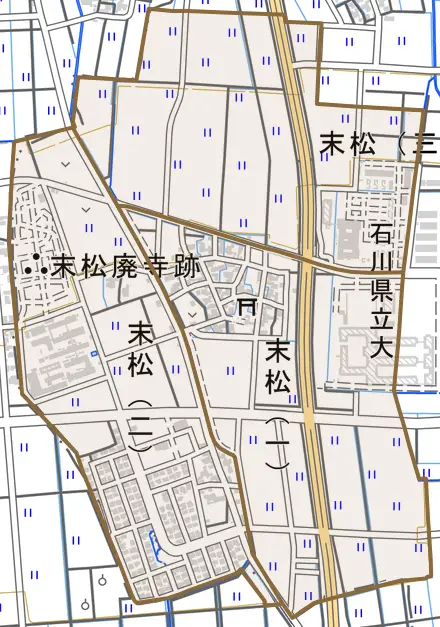 末松とその周辺の地図。町の範囲を重ねている